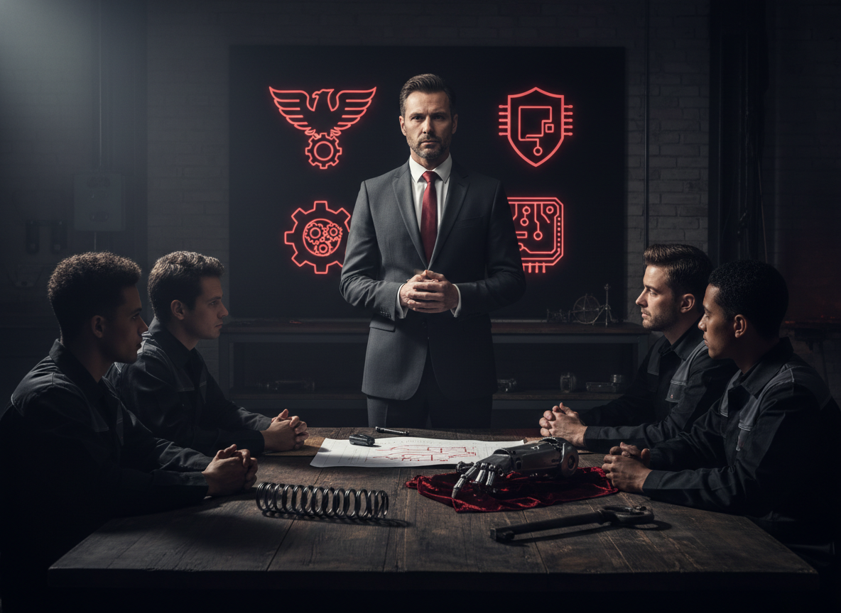 Reliable masculine leader taking responsibility before his team