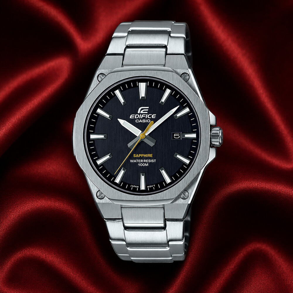 Casio Edifice EFR-S108D-1AV black-dial watch displayed on deep red silk