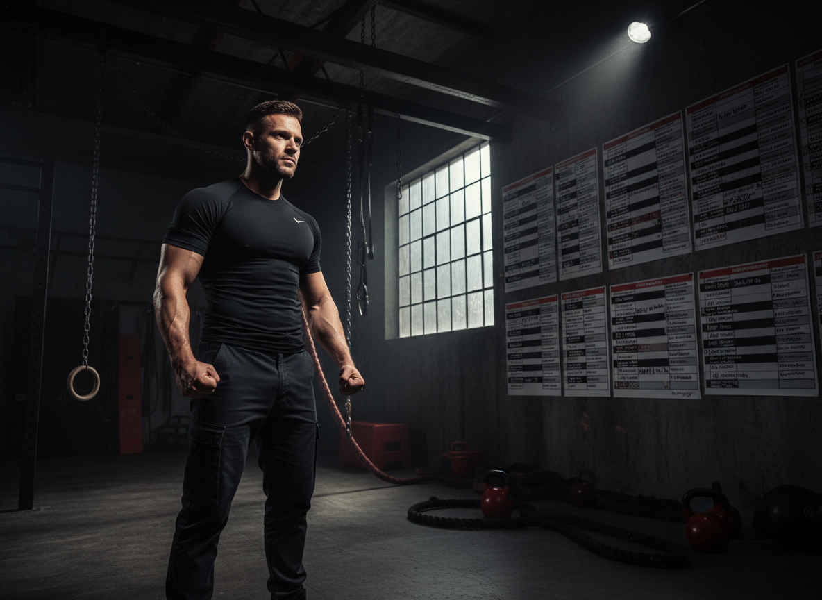 Determined man channeling competitive drive in a dark red-lit training space