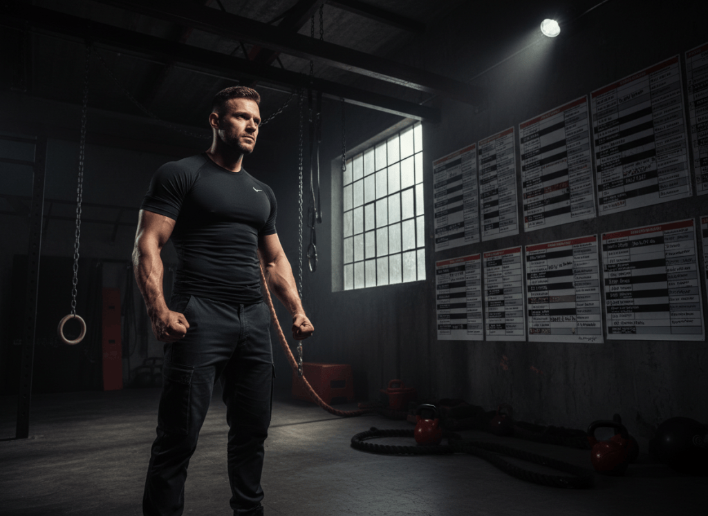 Determined man channeling competitive drive in a dark red-lit training space