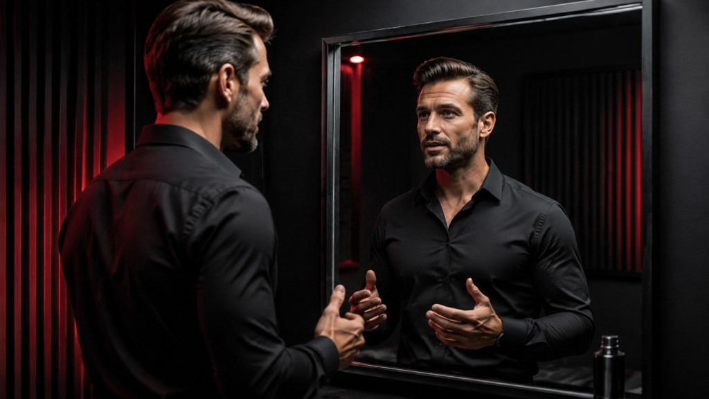 Confident man practicing calm speech in a mirror under dramatic black-and-red studio lighting