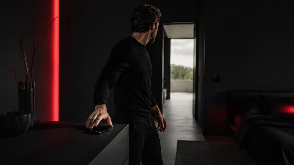Focused man placing a smartphone face down in a dark black-and-red room before walking toward daylight