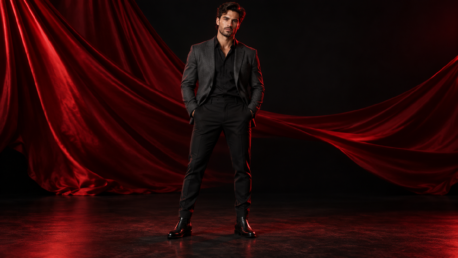 Well-dressed man in a tailored dark jacket under red studio lighting