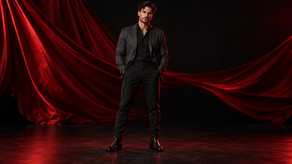 Well-dressed man in a tailored dark jacket under red studio lighting