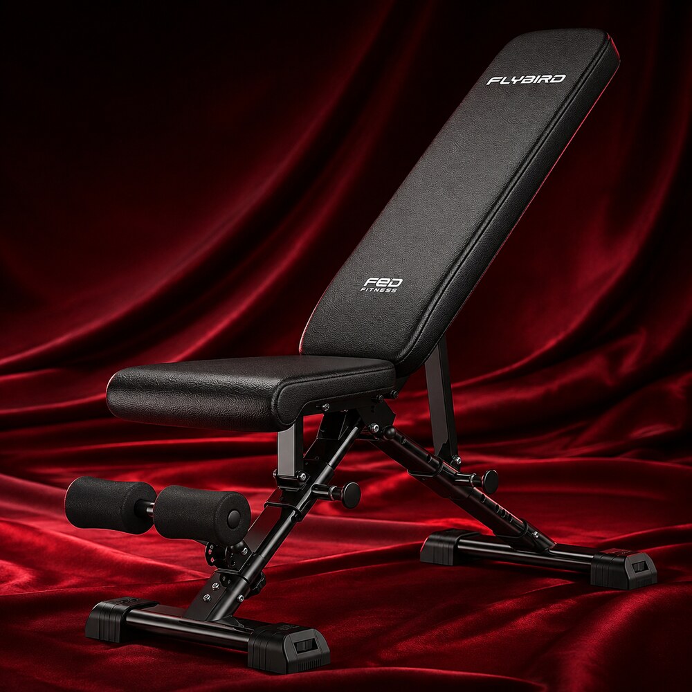 Black FLYBIRD WB5 adjustable weight bench displayed on deep red silk