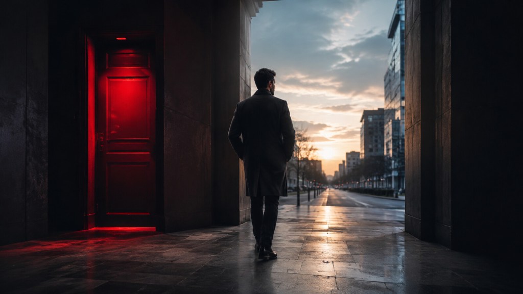 Man walking toward daylight past a closed red door, symbolizing recovery from rejection