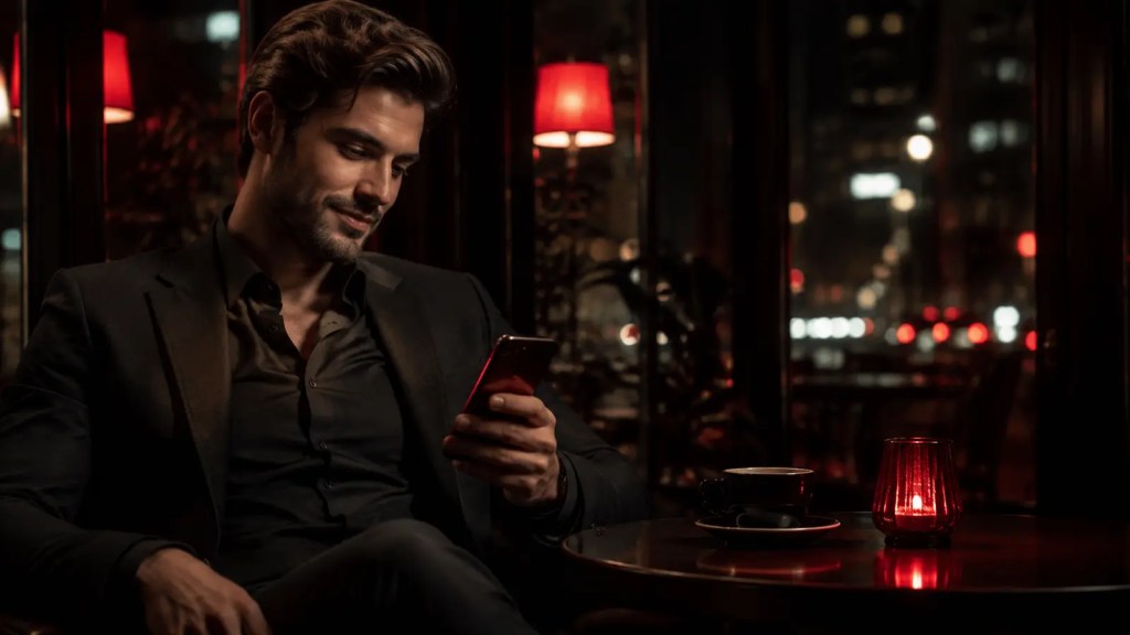 Confident man reading a message in a dark cafe