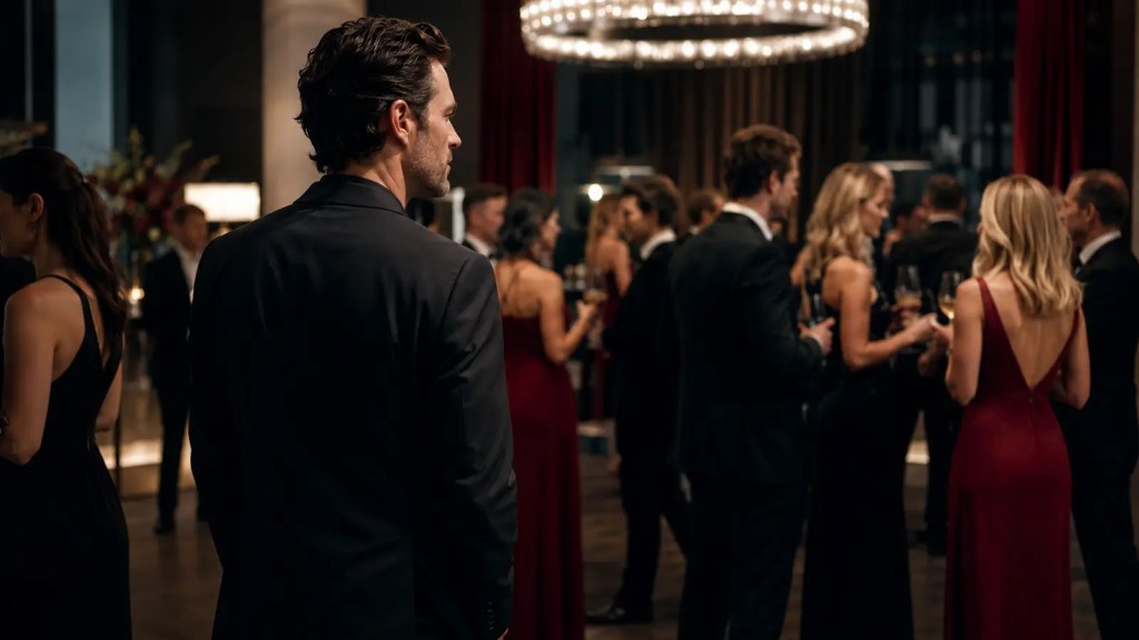 Man observing a modern social gathering