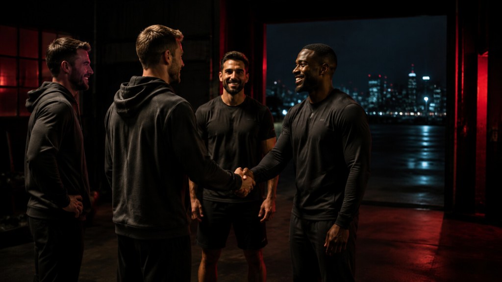 Four men welcoming a friend with a handshake in a dark gym, symbolizing brotherhood and social connection