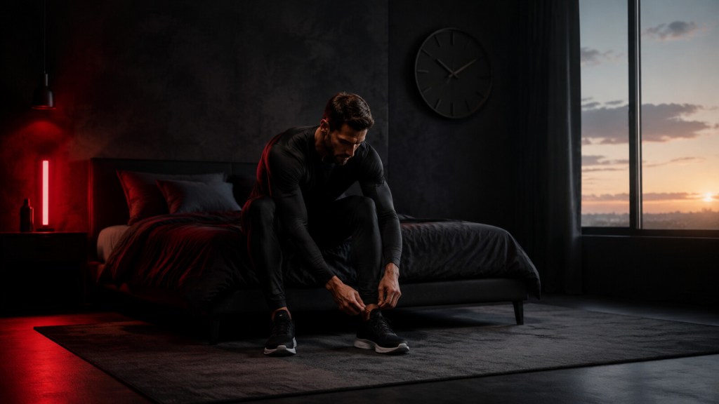 Man tying running shoes beside a made bed at dawn, beginning a disciplined morning routine
