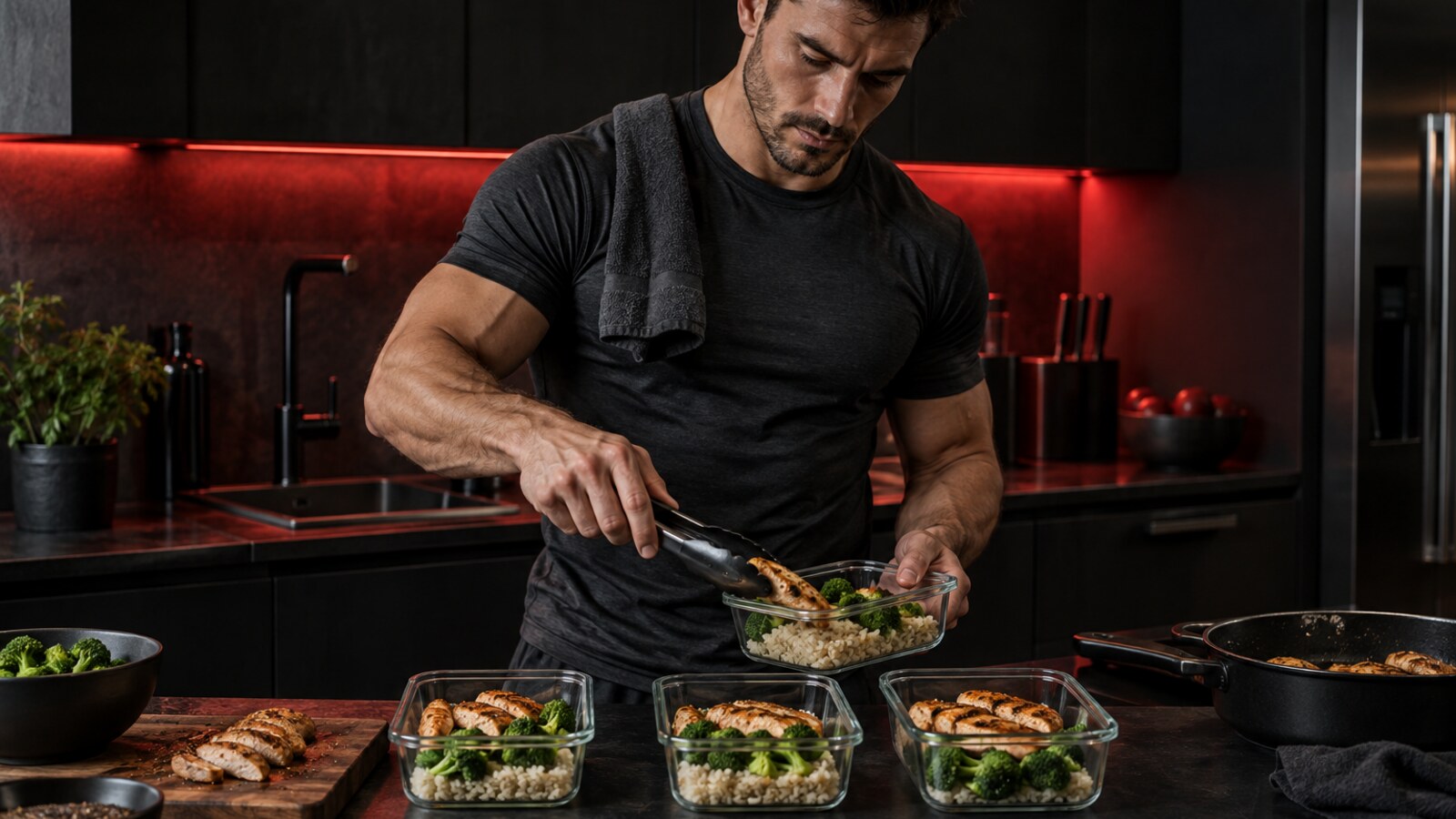 Athletic man portioning a high-protein meal into food containers