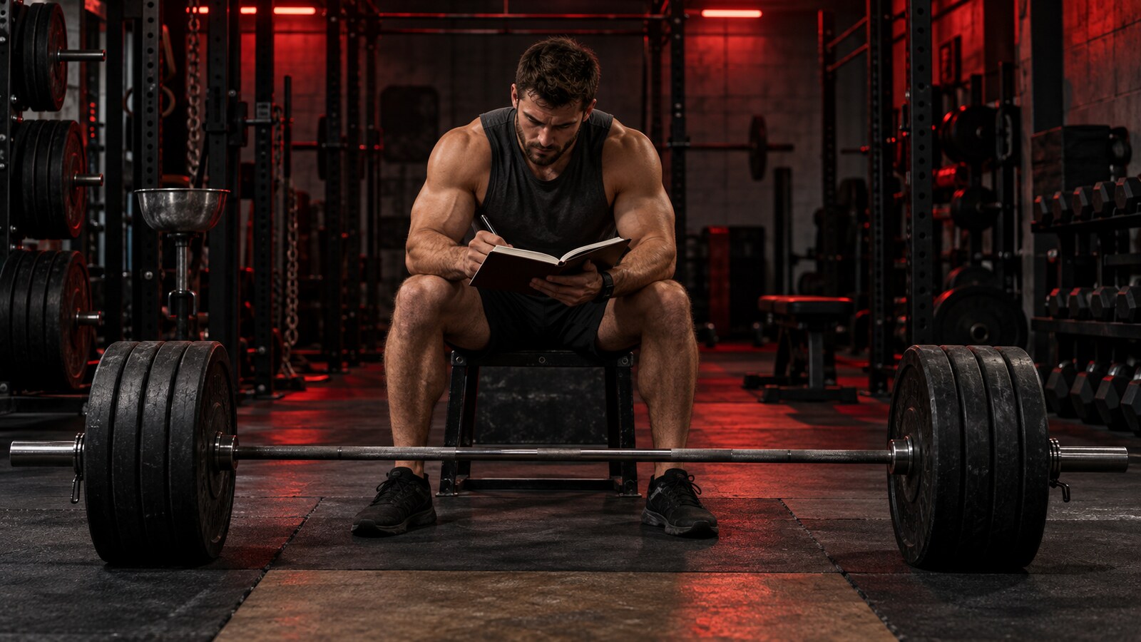 Muscular man reviewing his training log beside a loaded barbell