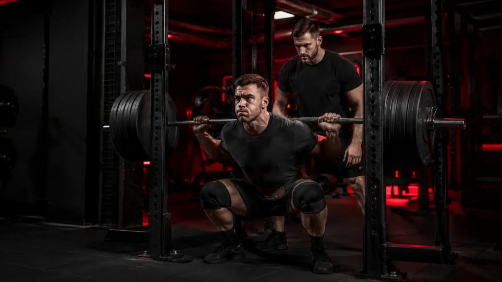 Man performing a controlled barbell squat with a spotter
