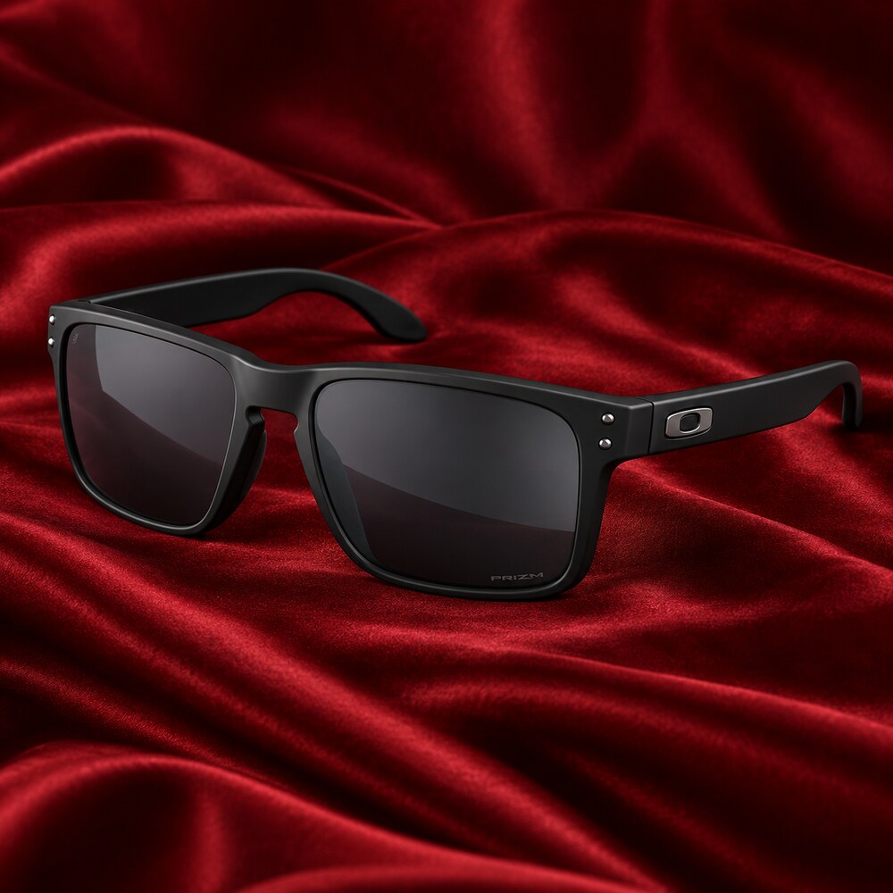 Matte black Oakley Holbrook OO9102-E855 sunglasses with Prizm Grey lenses displayed on red silk