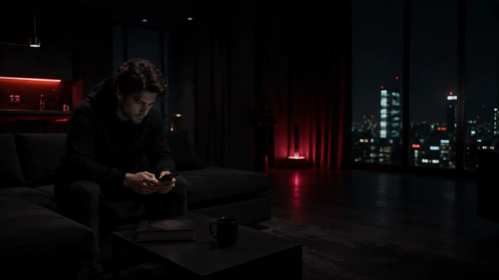 Man waiting for a message late at night