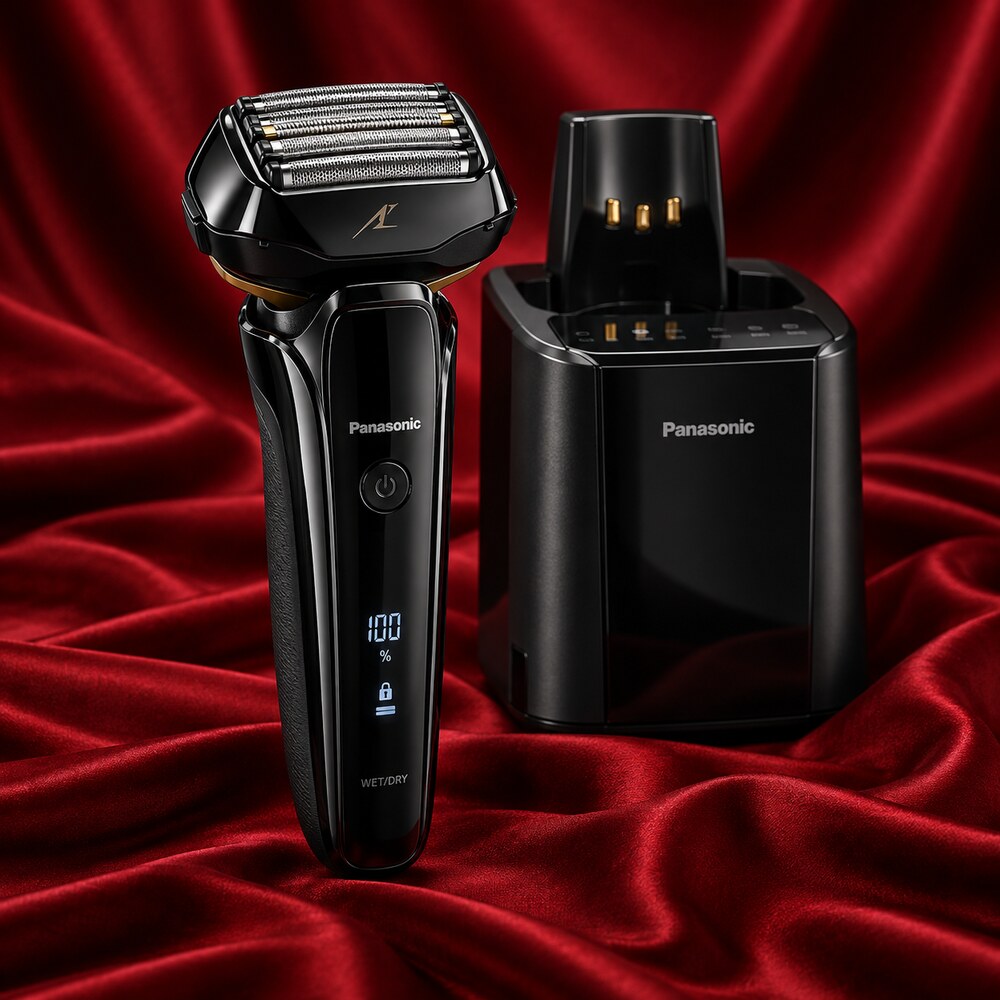 Panasonic ARC5 ES-LV97-K five-blade electric foil shaver and cleaning station displayed on red silk