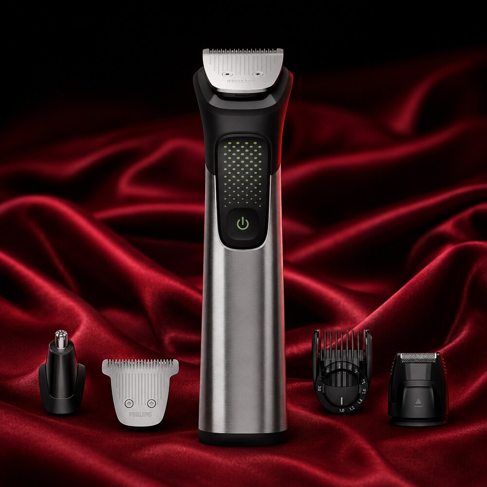 Philips Norelco All-in-One 9000 MG9575/49 trimmer and attachments displayed on deep red silk
