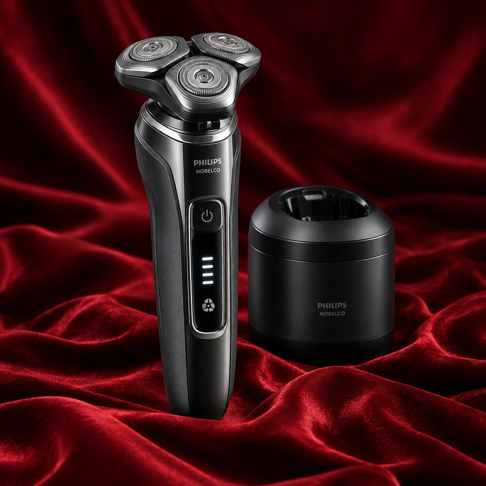 Philips Norelco i9000 Prestige Ultra XP9402/86 rotary electric shaver displayed on red silk