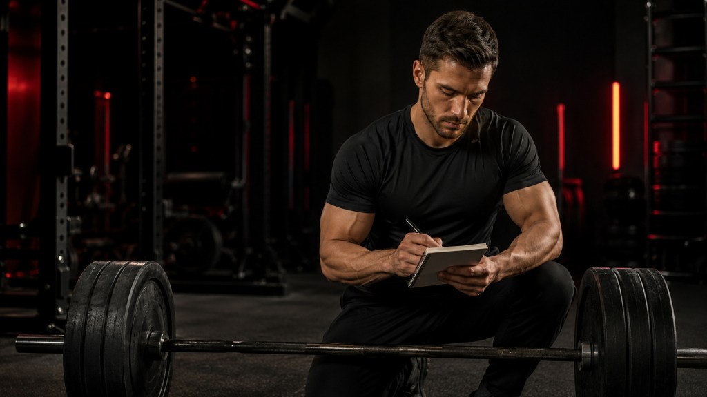 Athletic man recording his lifts beside a loaded barbell in a dark black-and-red gym