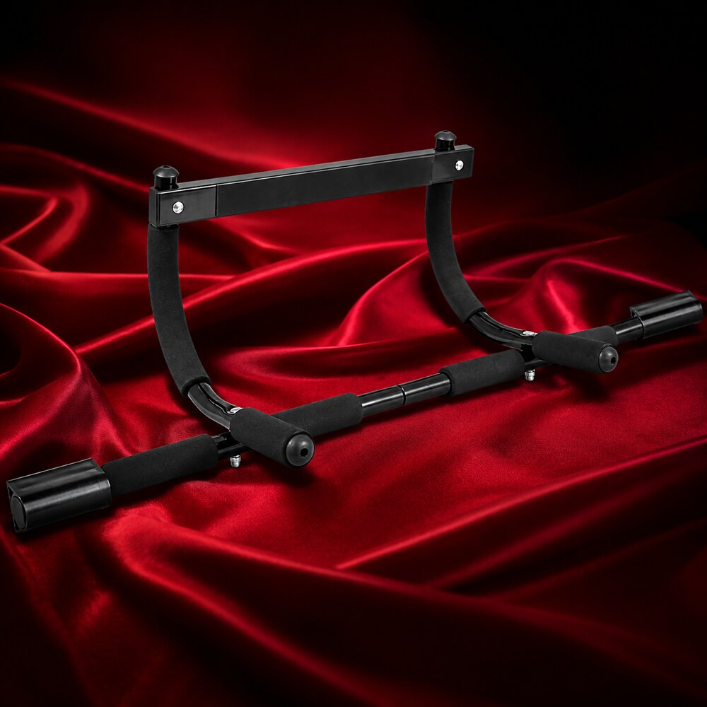 ProsourceFit Multi-Grip Lite doorway pull-up bar displayed on deep red silk