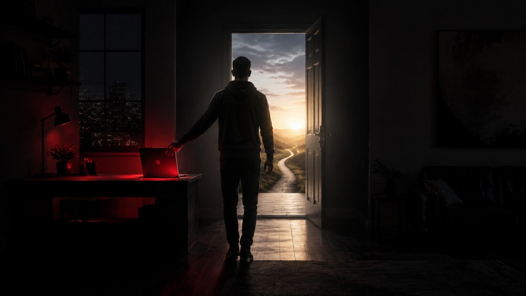 Man closing a laptop and walking toward an open doorway at dawn, symbolizing quitting porn and regaining control