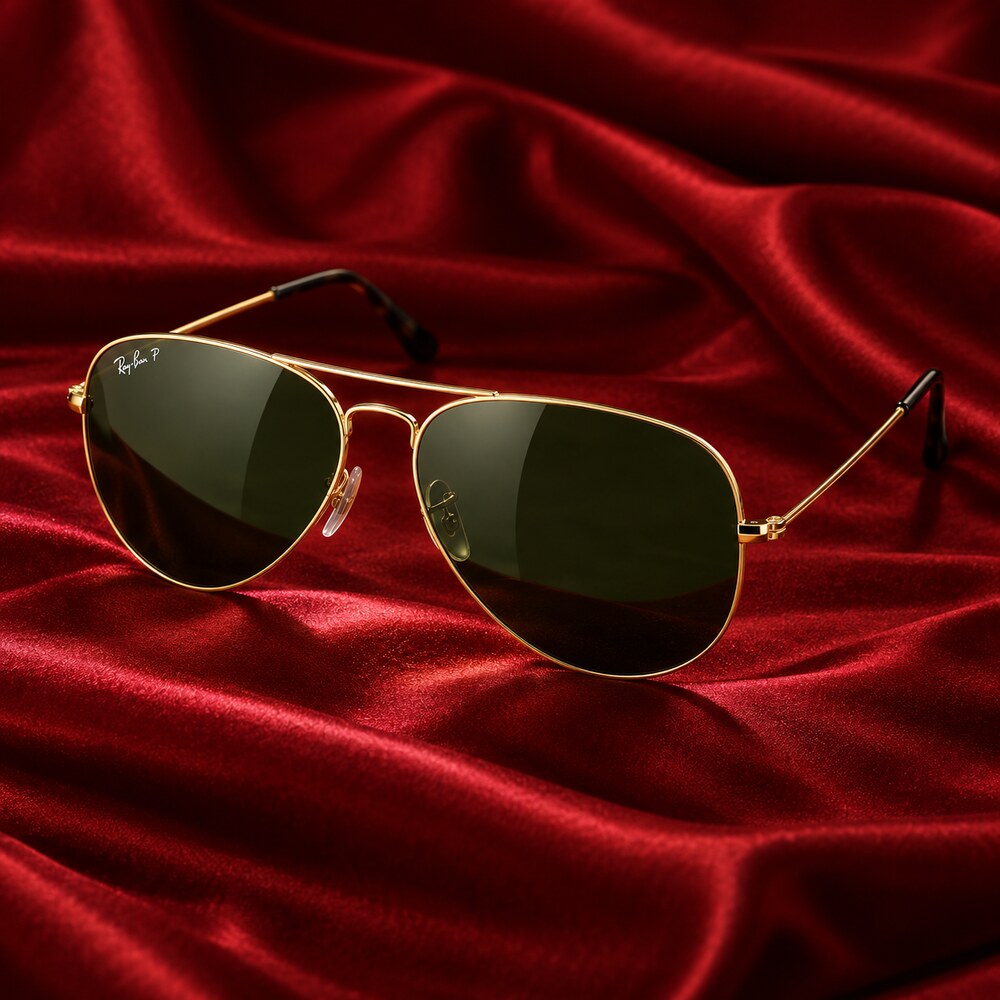 Gold Ray-Ban RB3025 001/58 Aviator sunglasses with green polarized lenses displayed on red silk
