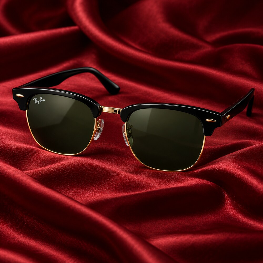 Black and gold Ray-Ban RB3016 W0365 Clubmaster sunglasses with green lenses displayed on red silk