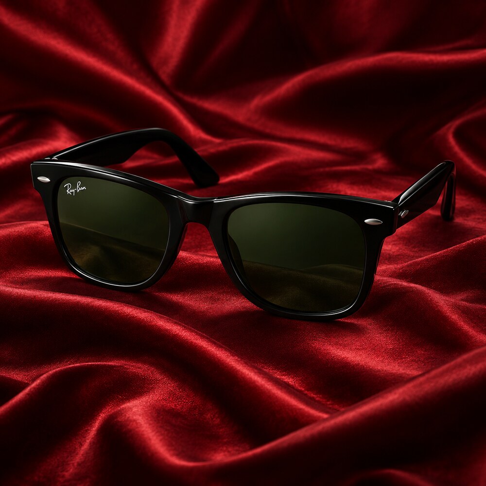 Black Ray-Ban RB2140 901 Original Wayfarer sunglasses with green lenses displayed on red silk
