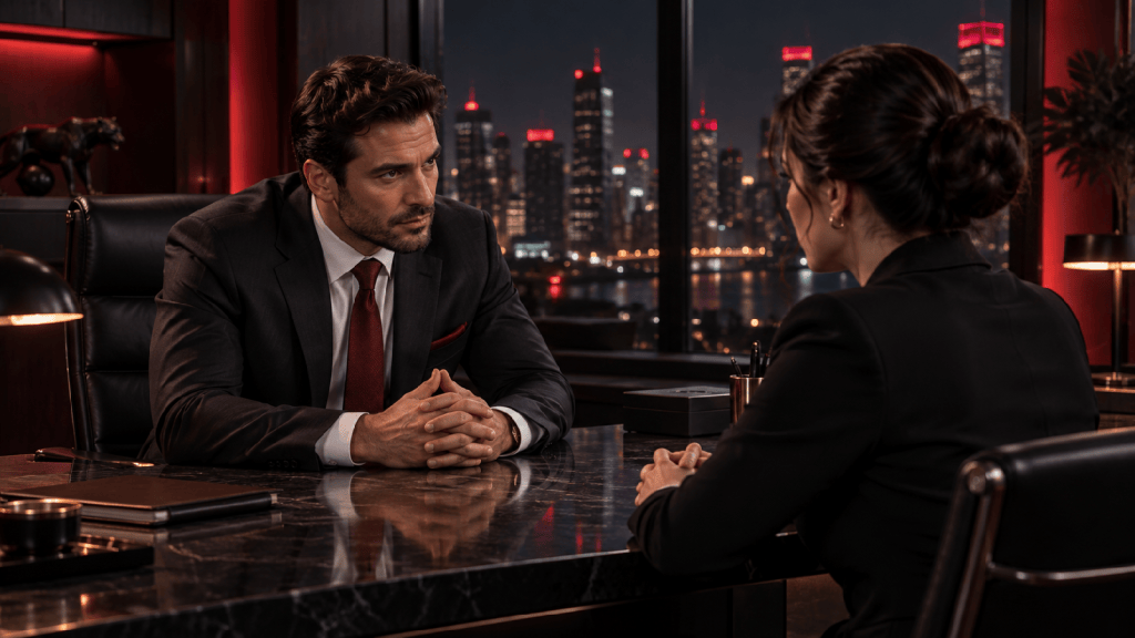 Confident man negotiating across a desk in a dark modern office