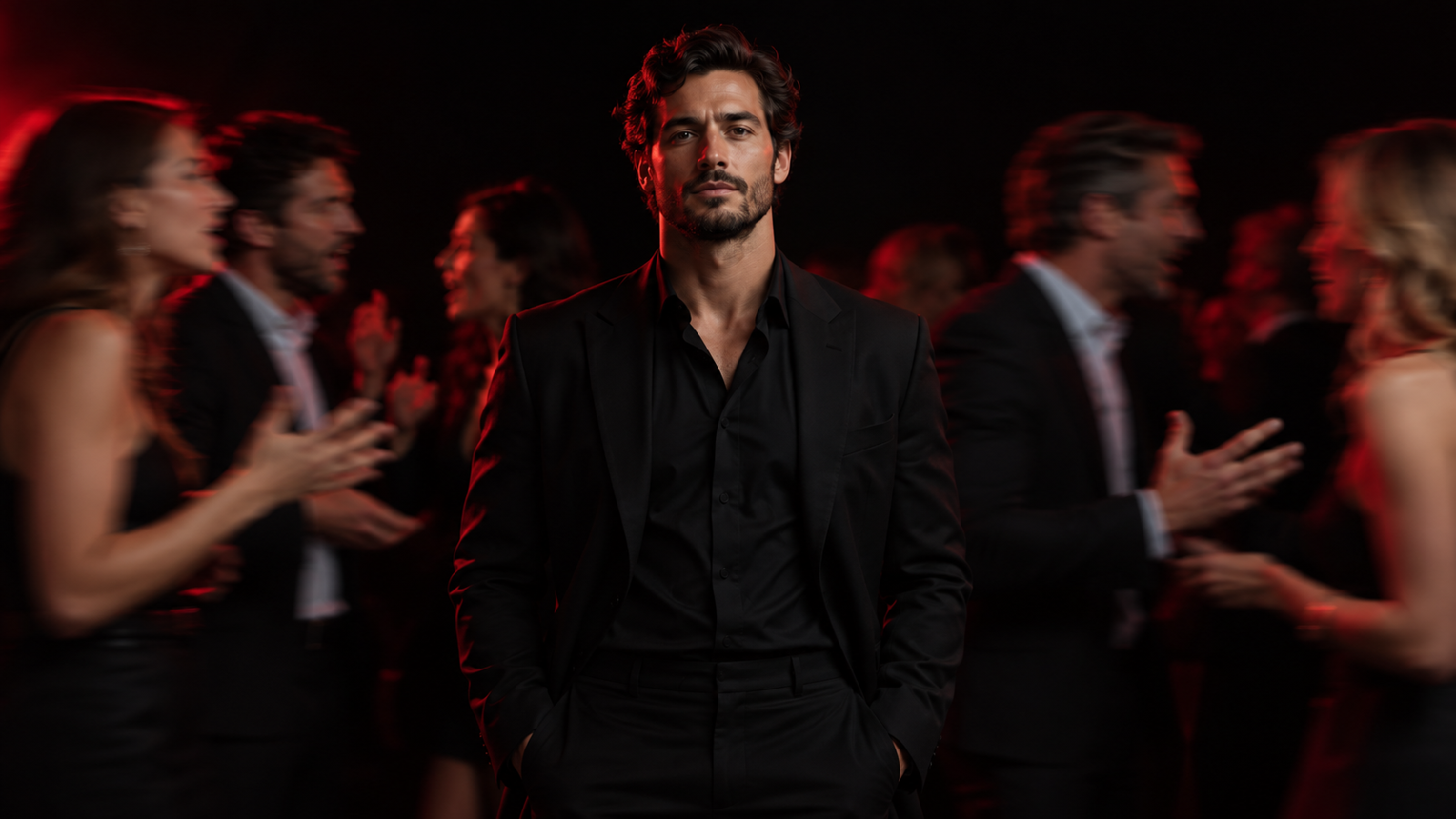 Composed man standing calmly while blurred figures talk around him