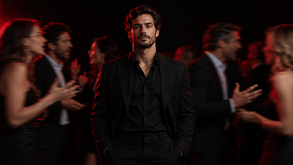 Composed man standing calmly while blurred figures talk around him