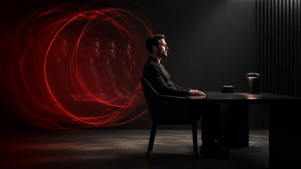 Man seated calmly as red circular light trails fade behind him, symbolizing control over overthinking