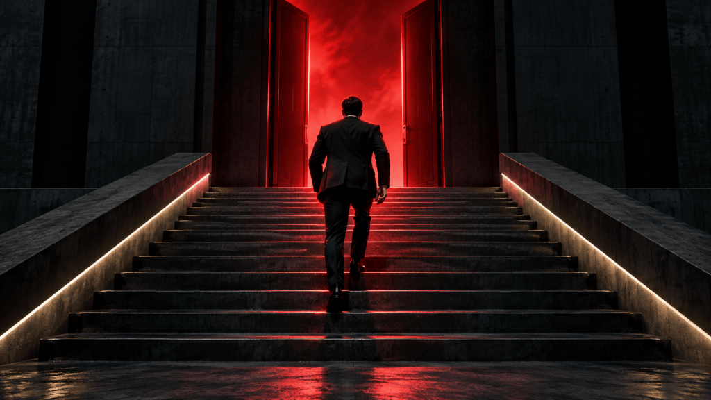 Determined man climbing dark stairs toward an open doorway glowing red