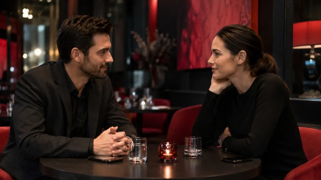 Man and woman having a relaxed face to face conversation