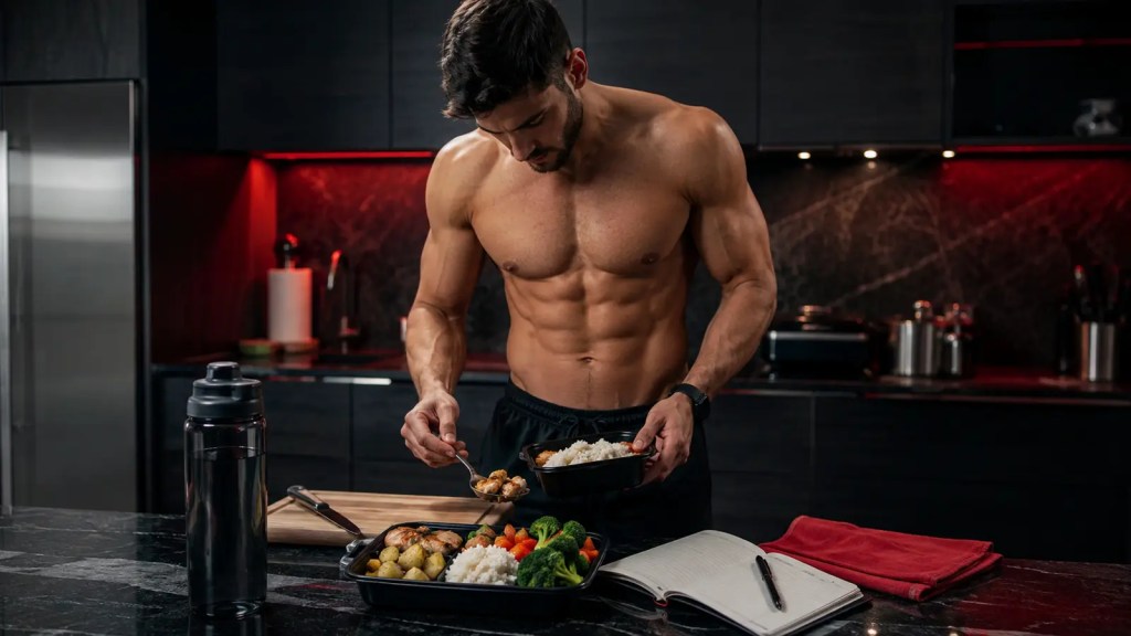 Athletic man preparing a balanced high protein meal