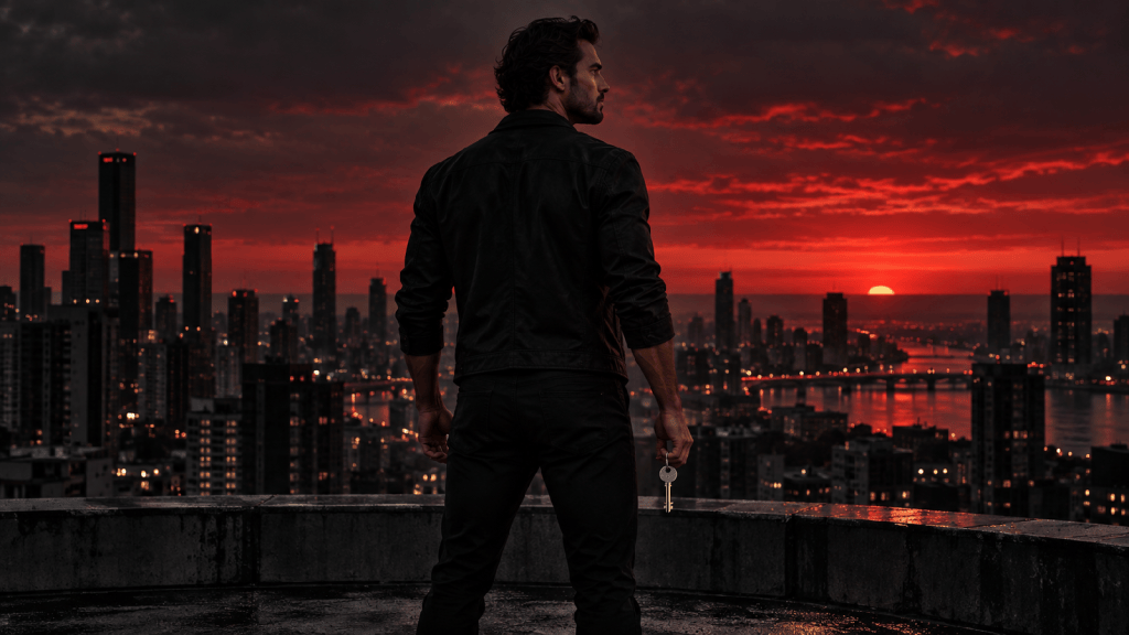 Determined man overlooking a city with a key in his hand