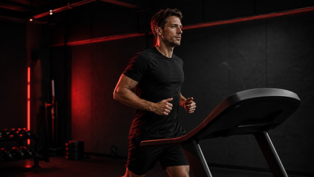 Athletic man doing steady Zone 2 cardio on a treadmill in a dark black-and-red gym