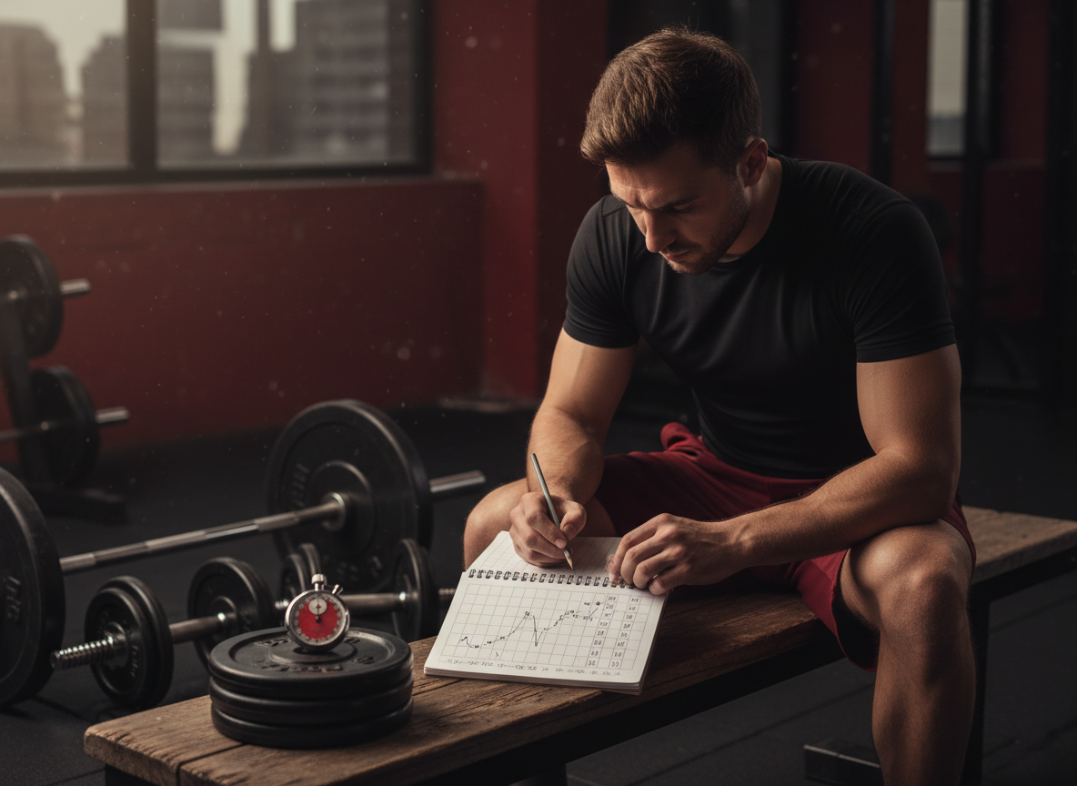Man measuring training progress beside weights