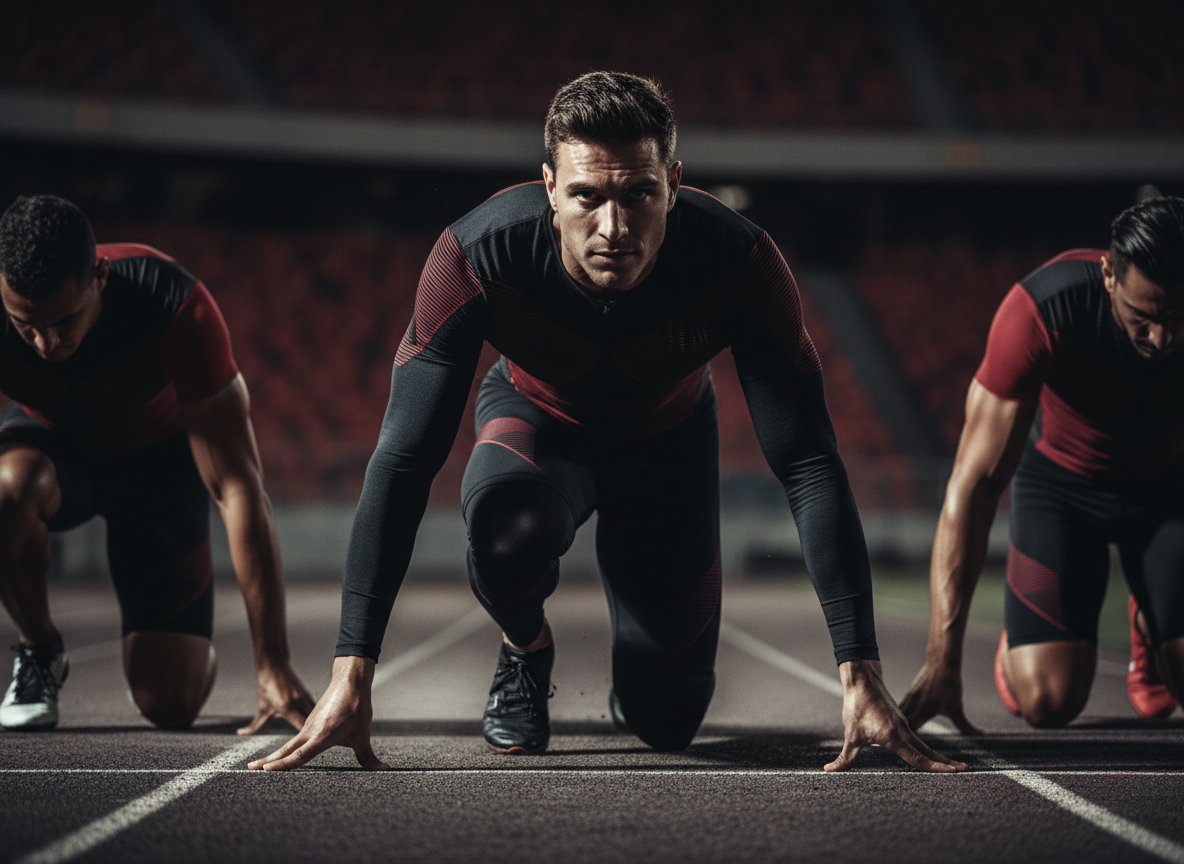 Focused man preparing to compete at a starting line