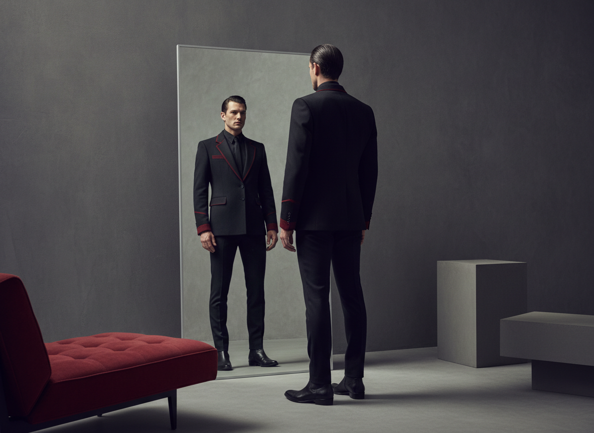 Man checking the fit of a structured masculine outfit