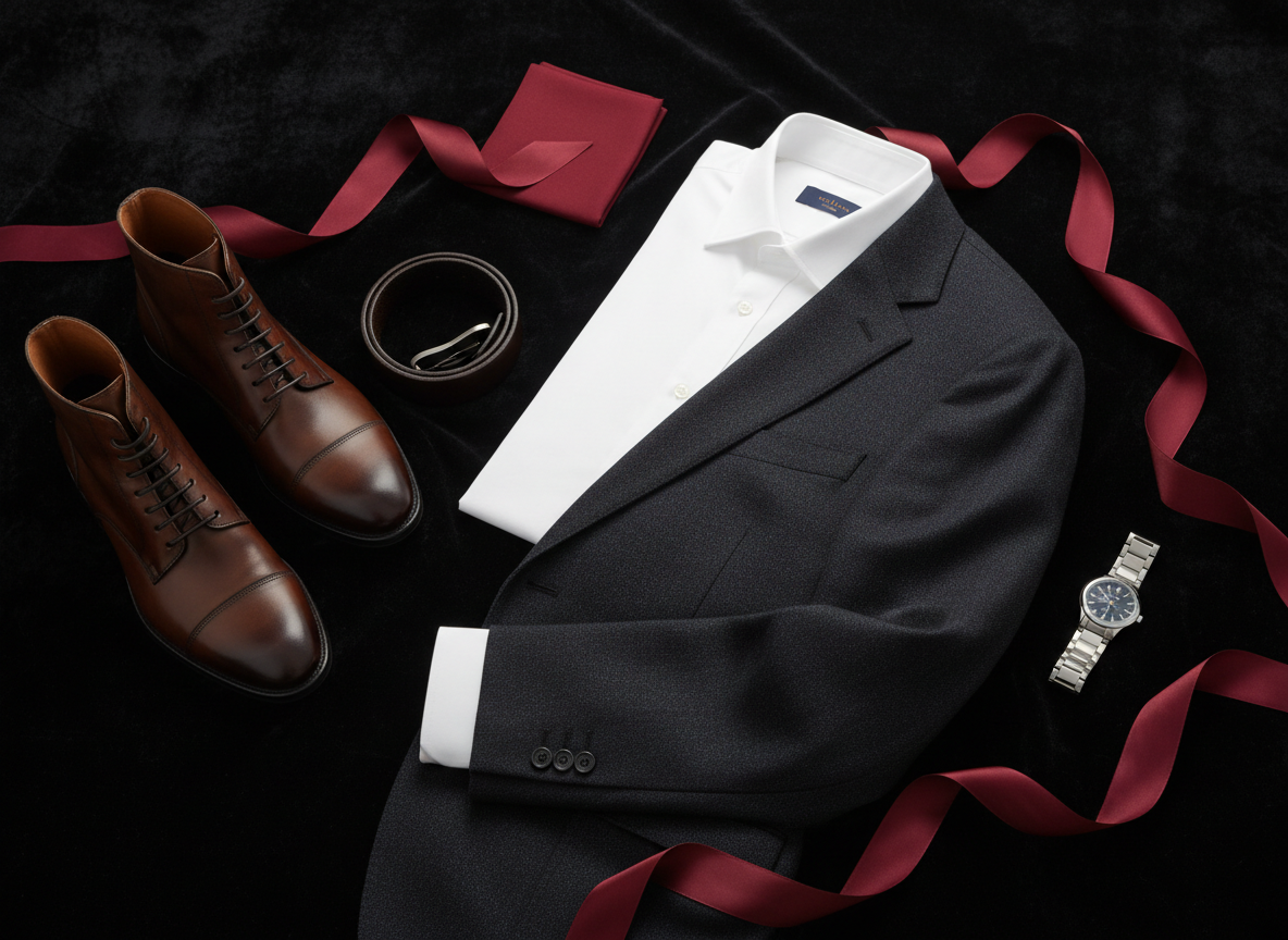 Masculine wardrobe essentials arranged on black fabric and red silk