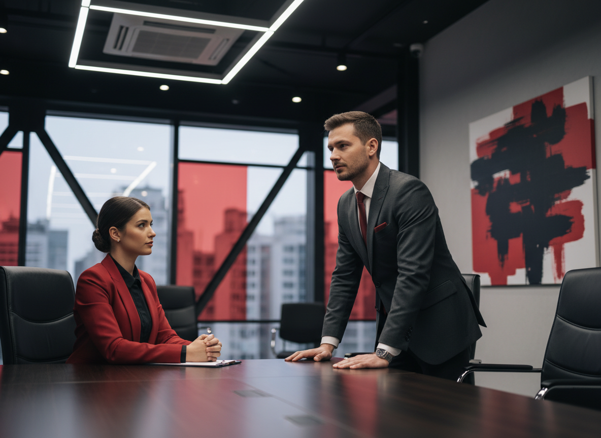 Prepared man negotiating salary across an office desk