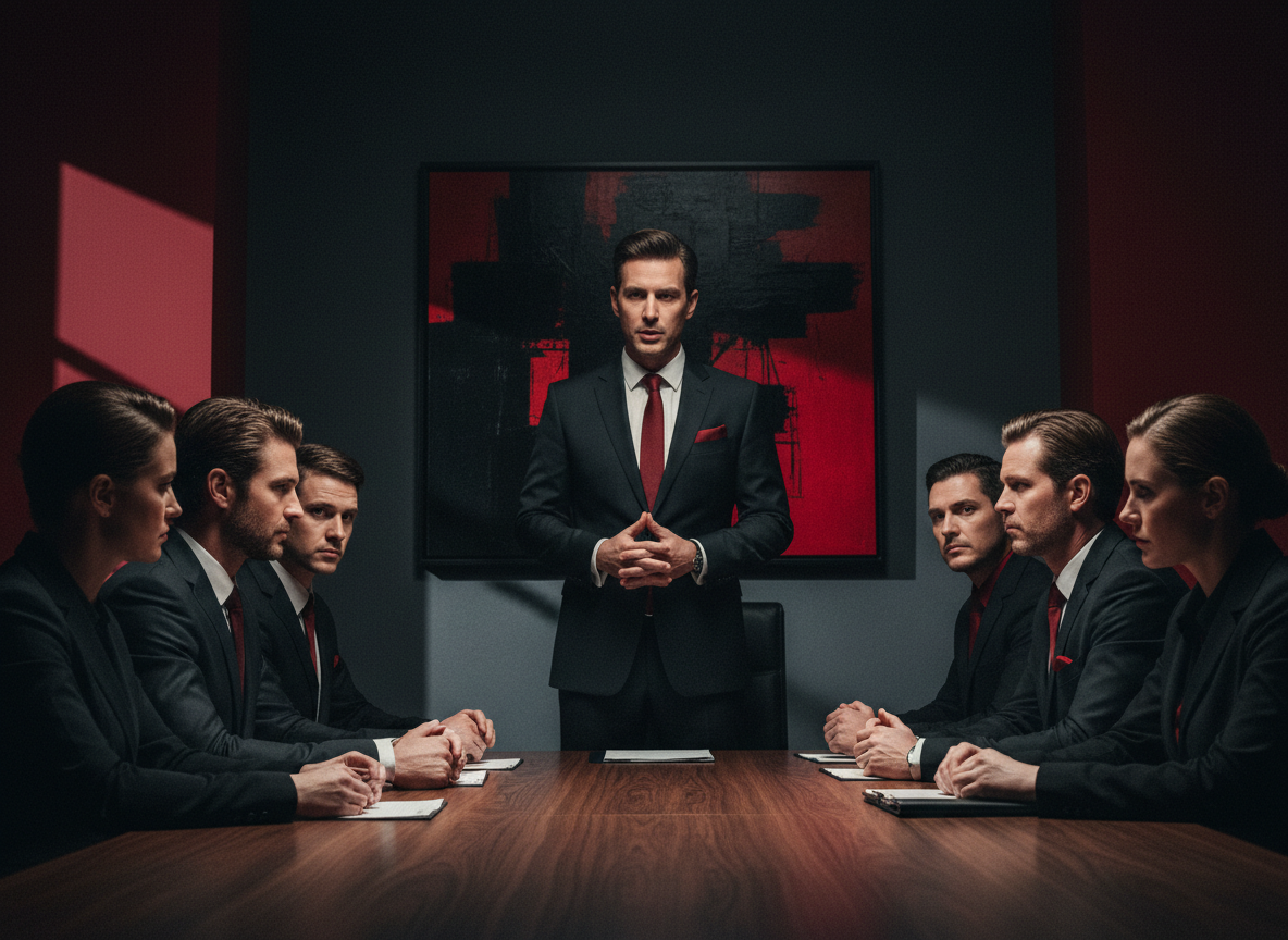 Composed man speaking concisely during a meeting