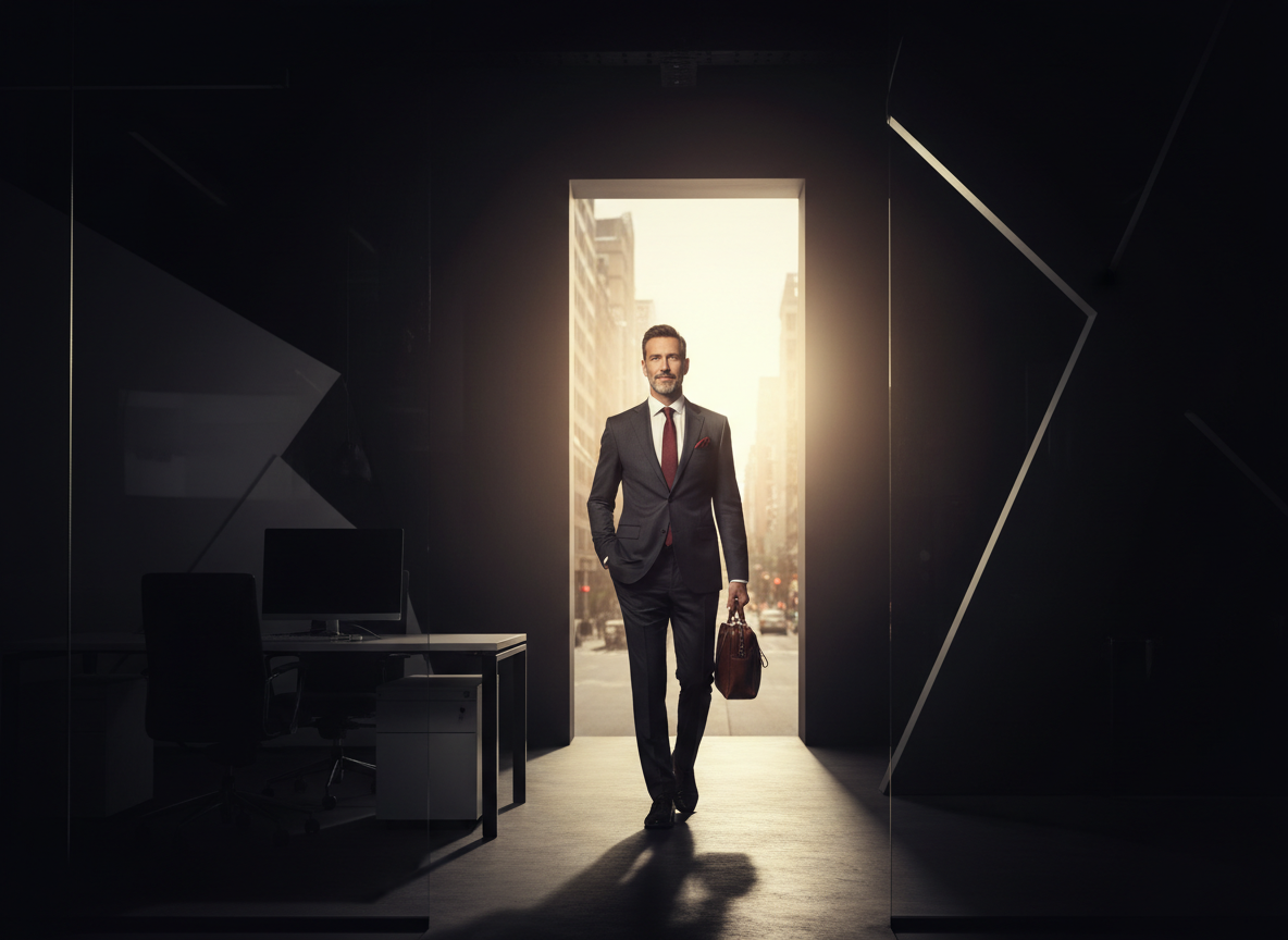 Financially independent man confidently leaving a bad workplace